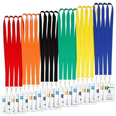 Image de Lot de 24 cordons avec étui pour carte étanche en PVC Porte badges/porte clés colorés, étiquette d’identification, noir, rouge, jaune, bleu
