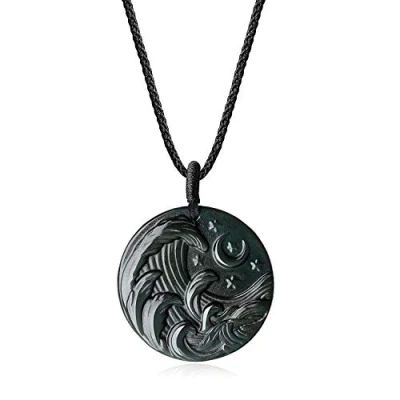 Image de COAI Collier Ajustable Pendentif Rond Vagues Pierre Obsidienne Noire Unisexe