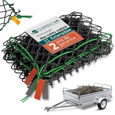 Image de CargoVA Filet Extensible pour remorque 1x2 jusqu&#039;à 2x3M élastique Noir avec Corde et marquage des Coins Une Fixation Parfaite de la Charge