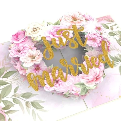Image de MOKIO® Carte de mariage Pop Up Just married cadeau 3D pour le ou un en argent lune miel, félicitations avec enveloppe
