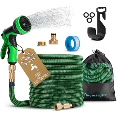 Image de HOMEPROTEK Tuyau d&#039;Arrosage Extensible 15m d’Eau Réglable avec 1/2&#039;&#039; et 3/4&#039;&#039; (19mm 13mm) Adaptateurs, 9 Modes d&#039;Arrosage, Latex Triple Épaisseur Durable Raccords en Laiton Sac