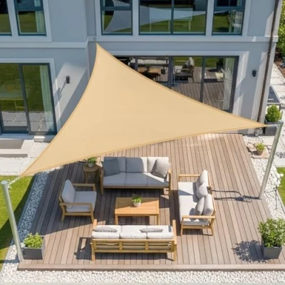 Image de LOVE STORY Voile d&#039;ombrage Triangulaire 5x5x5m Imperméable à l&#039;eau PES Toile Sable avec 95% de Protection UV pour Patio Extérieur Jardin