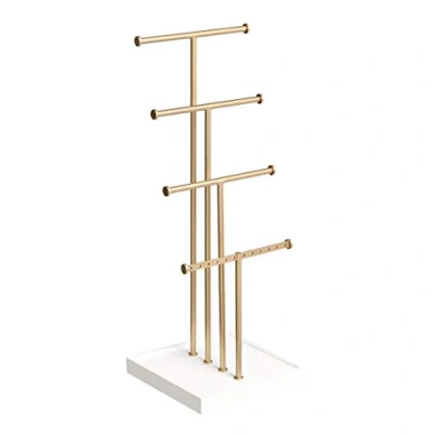 Image de Amazon Basics Arbre Présentoir à bijoux quatre étages, Blanc/Laiton