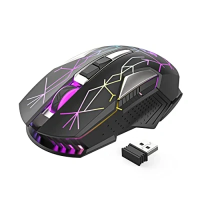 Image de souris de jeu sans fil avec récepteur USB 2,4 GHz RVB rétroéclairé à LED arc en ciel DPI réglable clic silencieux rechargeable ergonomique 7 boutons pour ordinateur portable PC étoile noire