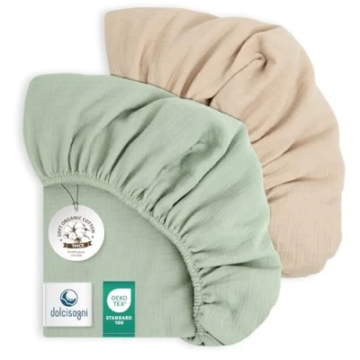 Image de DOLCI SOGNI Drap Housse 60x120 Lit Bébé Draps Cotton Mousseline Ultra Doux et Respirants pour Peau Délicate Oeko TEX® 100 Lot de 2 Fabriqué en Espagne 1 X Sable + 1X Menthe