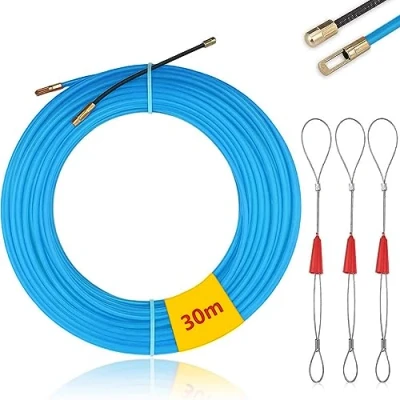 Image de Mis.Moon 30M Tire Fils Electrique Aiguille Nylon, Φ 4mm, avec 3 Tête Flexible de Guidage, Electricien Fil Passe Cable, Enfileur électrique, Câble Électrique Tirant Bleu