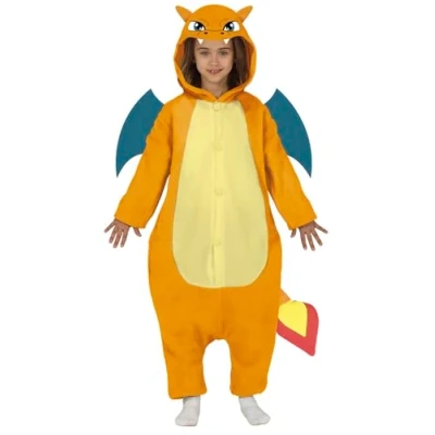 Image de FIESTAS GUIRCA Costume de dragon orange pour enfant Ensemble pyjama avec queue et ailes garçons 7 à 9 ans