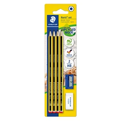 Image de Staedtler Noris 120, Crayons à Papier Hb en Bois de Haute Qualité, Étui Blister 4 Hb, 1 Gomme Blanche Rasoplast et Taille crayon, 120s1 Bk4d