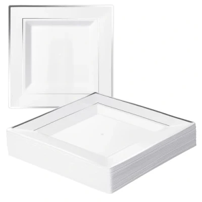 Image de MATANA 20 Assiettes Carrées en Plastique Blanches avec Bord Argenté, 24cm Solides et Réutilisables pour Anniversaires, Mariages, Baptêmes, Noël, Fêtes