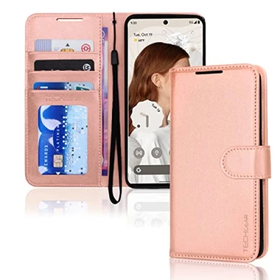 Image de TECHGEAR Etui Portefeuille en Cuir Google Pixel 7, Housse Flip Protect avec Porte Cartes Portefeuille, Support et Dragonne PU Or Rose Fermeture Magnétique Conçu pour 7