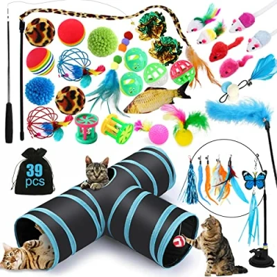 Image de JOTOL 39pcs Jouets Chat,Interactif Jeux Chaton avec Tunnel,Plume,Poisson,Souris,Balle,Kit de Interactifs Chiots