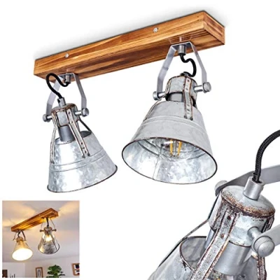 Image de HOFSTEIN Plafonnier Berkeley en bois et métal gris vieilli, 2 spots de plafond orientables rétro industrielle, idéal dans un salon vintage, pour ampoules E27, ampoule(s) non incluse(s)