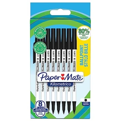 Image de PAPER MATE Stylos bille Kilometrico, Pointe moyenne (1.0 mm) longue durée, Encre bleue, 80 Purcent de plastique recyclé, 8 unités