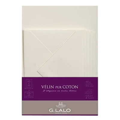 Image de Lalo 61000L Un ensemble de correspondance comprenant 10 feuilles A5 125g et 5 enveloppes gommées 11,4x16,2 cm, Vélin pur coton, Crème