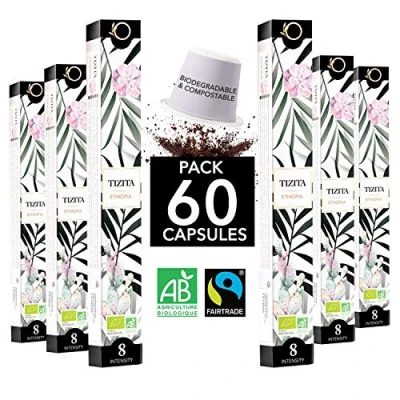 Image de ORIGEENS Capsules Nespresso Compatible Café BIO Fairtrade Arabica single Origin Ethiopie (Moka) TIZITA 60 Biodégradables Compostables Torréfaction Artisanale