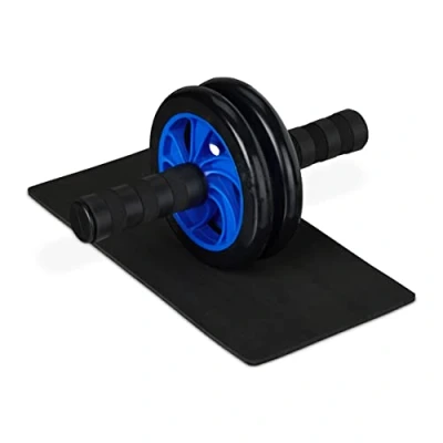 Image de Relaxdays Roue abdominale, appareil pour abdominaux, matelas genoux inclus, antidérapant, avec caoutchouc, noir bleu