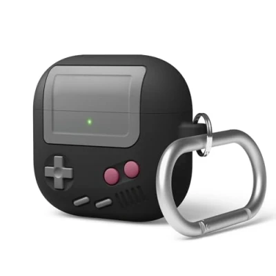 Image de elago Coque AW5 Compatible avec AirPods 4ème Génération (2024), Design de Console Jeu Portable Rétro Classique Apple 4 [Mousqueton Inclus] (Noir)