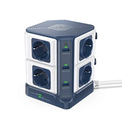 Image de BESTEK Tour Multiprise Parasurtenseur avec 8 Prises EU et 6 Ports USB 2,4A, Interrupteur, Adaptateur Douille, Clapet Sécuritaire, 3600W/16A, 3,0 M (Bleu Blanc)