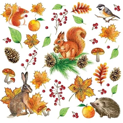 Image de Lot de 20 serviettes en papier avec motif feuilles et animaux d&#039;automne Idéales pour le découpage la technique des 33 x cm