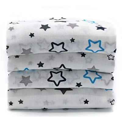 Image de ClevereKids Langes bébé en mousseline SUPERIOR de coton imprimé d&#039;étoiles Lot 4 00 x 80 cm double tissage certifié Oeko Tex Standard 100 (Asterion navy aqua)