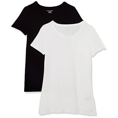 Image de Amazon Essentials T Shirt Col Rond à Manches Courtes Coupe Classique Femme, Lot de 2, Blanc/Noir, XL