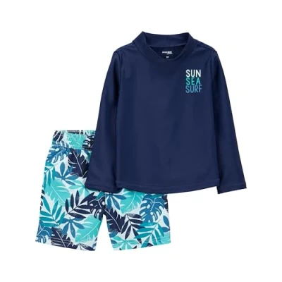 Image de Simple Joys by Carter&#039;s Swimsuit Trunk and Rashguard Set Ensemble de Maillot dermoprotecteur, Blanc Bleu Marine Tropical, 6 9 Mois Bébé garçon