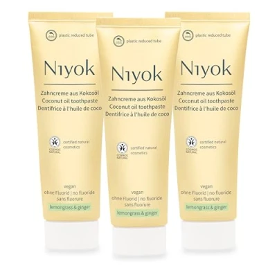 Image de Niyok® Dentifrice à l&#039;huile de coco bio « Citronnelle et gingembre » (3 x 75 ml) naturel pour des dents blanches Soin intensif fraîcheur Protège les gencives Sans fluorure