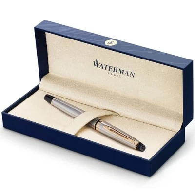 Image de Waterman Expert stylo roller, acier inoxydable avec attributs dorés à l&#039;or fin 23 k, pointe fine, encre noire, coffret cadeau