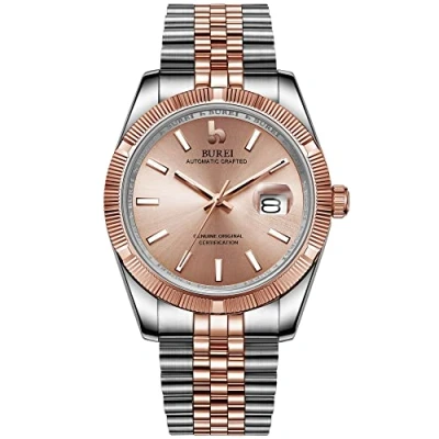Image de BUREI Hommes Montre Automatique en Or Rose Cadran Analogique avec Date Cristal De Saphir Deux Tons Acier Inoxydable