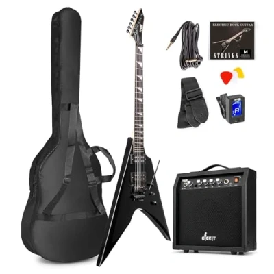 Image de Max Pack Guitare Électrique Style V avec Ampli 40 Watts et Nombreux Accessoires, Housse, Accordeur, Cordes de rechange, Sangle, Câble 3m Médiators, Kit Complet pour Bien Débuter Noir