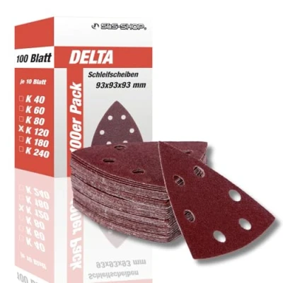 Image de Lot de 100 triangles abrasifs delta avec Velcro Grain 120 93 x mm 6 trous pour ponceuse et multifonction, papier abrasif, aspiration poussière