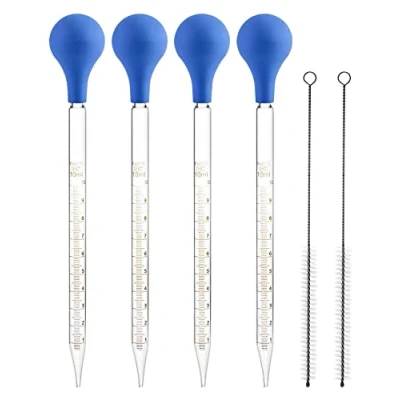 Image de QWORK Droppers Pipettes, 4 pipettes de laboratoire en verre 10 ml avec capuchon caoutchouc et 2 brosses nettoyage