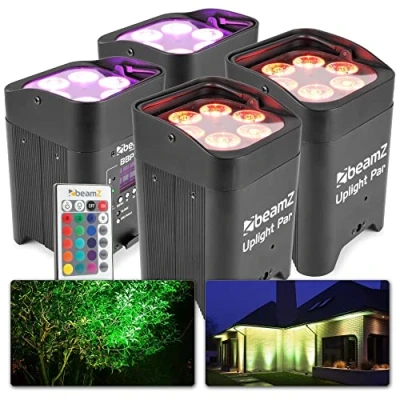 Image de BeamZ BBP96 Lot de 4 Projecteurs PAR LED sur Batterie RGBAW UV DMX 72 Watts, 16 Heures d&#039;Autonomie, Télecommande, Idéal pour Éclairage Salle, Mariage, Jardin, Architecture, Hôtel, Restaurant