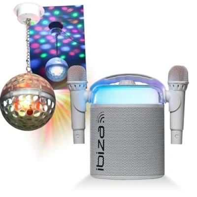 Image de Pack Karaoké Enceinte Portable Bluetooth sans fil KARAHOME WH 120W USB SD 2 micros Boule Disco LEDS RGB ASTRO BALL8 Enfant