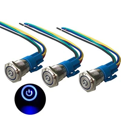 Image de QitinDasen 3Pcs Premium 12V / 24V 5A Interrupteur à Bouton Poussoir Auto Bloquant, Commutateur 16mm, Bleu LED Etanche IP67 avec Fil de Prise Courant