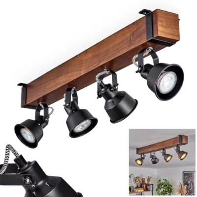 Image de plafonnier Safari, moderne en métal/bois noir/marron foncé, design industriel avec abat jour ajustable, 4 flammes, x GU10 sans ampoules