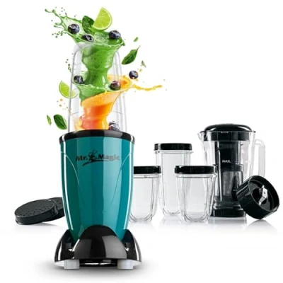 Image de GOURMETmaxx Smoothie Maker Set de 18 pièces Mixeur sur pied y compris 4 gobelets To Go avec couvercle, 2 embouts lame et tamis à jus Accessoires résistant au lave vaisselle anti fuite [400W]