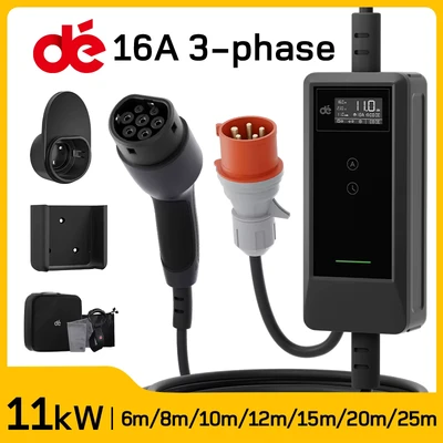 Image de dé Chargeur Voiture Electrique 11kW 6m [6A 16A, Triphasé] Cable Recharge Type 2 EV Prise CEE Compatible avec Model Y, E 208, 500e et Autres EV/PHEV