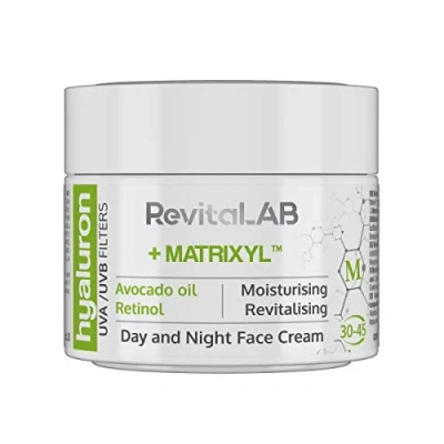 Image de RevitaLAB Hyaluron Crème de jour et nuit anti âge, enrichie en huile d’avocat, Matrixyl, rétinol filtres à rayons UV, pour personnes 30 45 ans, 50 ml