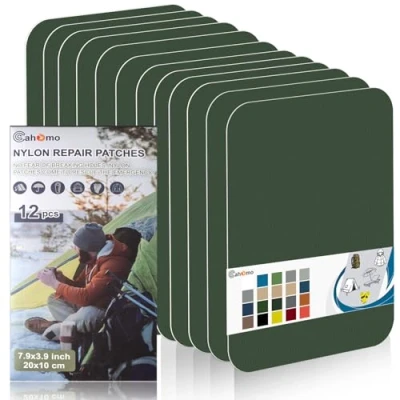 Image de Patch en nylon autocollant, Cahomo 12 Pièces 20X10 cm de réparation imperméable tissu autocollant reparation, pour veste, tentes, doudoune, sac couchage, sacs à dos Vert Armée