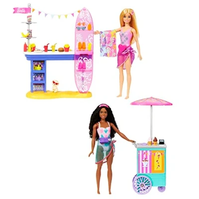 Image de Barbie Coffret Promenade en Bord De Mer avec 2 Poupées Brooklyn Et Malibu, Chiot, Stand Nourriture, Kiosque Plus 30 Accessoires, Jouet Enfant, A Partir 3 Ans, HNK99