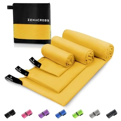 Image de Zenacross Serviette Microfibre (Set de 3) avec Sac Transport Sport Compacte, Séchage Rapide et Absorbante S, M, L Jaune
