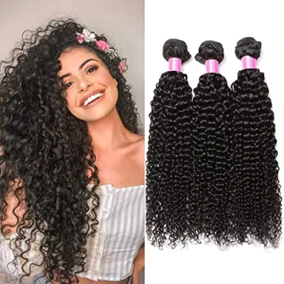 Image de RICHAIR Tissage Bresilien Boucle 26 Pouces(66.04cm),Tissages Cheveux Humain Lot 3 Pieces,Meches Bresiliennes Naturel Noir 50g/pc(total 150g)