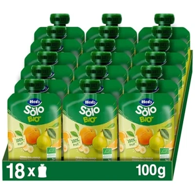 Image de Hero Solo Gourde BIO de Banane, Poire et Orange Puree Fruits 100% Naturels, Compote Sans Sucre Ajouté, Gluten pour Bébés Dès 4 Mois Lot 18 X 100 g