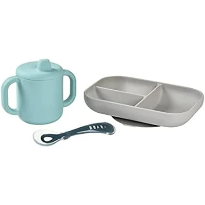 Image de BÉABA, Set Vaisselle Silicone Repas Bébé, Coffret d&#039;apprentissage, 3 Pièces, Assiette compartimenté + Tasse Cuillère, Saine et Durable, Compatible lave vaisselle, Micro onde, Bleu