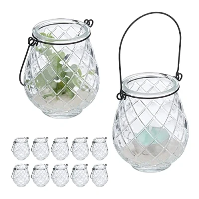Image de Relaxdays Photophores, Lot de 12, Verre, Anse, H x D: 10 8,5 cm, extérieur &amp; intérieur, lanternes, Transparent Noir