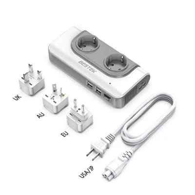 Image de BESTEK 200W Transformateur de Voltage Voyage 110V à 220V avec Adaptateur AUS UK EU USA, 2 Prises AC et 4 Ports USB, Convertisseur Tension Universel pour Americaine Japon Thai Chine 150 Pays