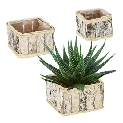 Image de Relaxdays 3 pots de fleurs rectangulaires, chacun avec une taille différente &amp; 1 film, intérieur/extérieur, blanc/nature