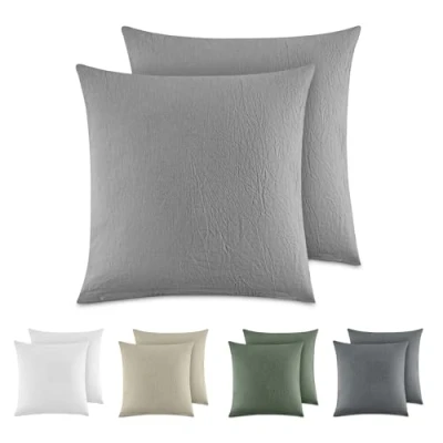 Image de Dreamzie Taie Oreiller 80x80 Coton (Lot de 2) Taies d&#039;Oreillers 100% Lavé Aspect Lin, Housse Coussin avec Fermeture Eclair, Vert Clair, Certifié Oeko Tex
