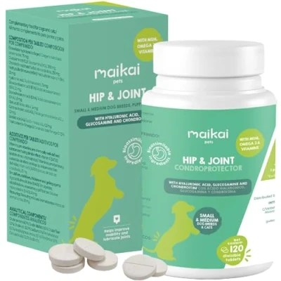 Image de MAIKAI comprimés Anti Arthrose Chien Petite et Moyenne Taille 120 Complement Alimentaire concentré en Glucosamine, Chondroïtine, MSM, Omega 3 Renforce Articulations